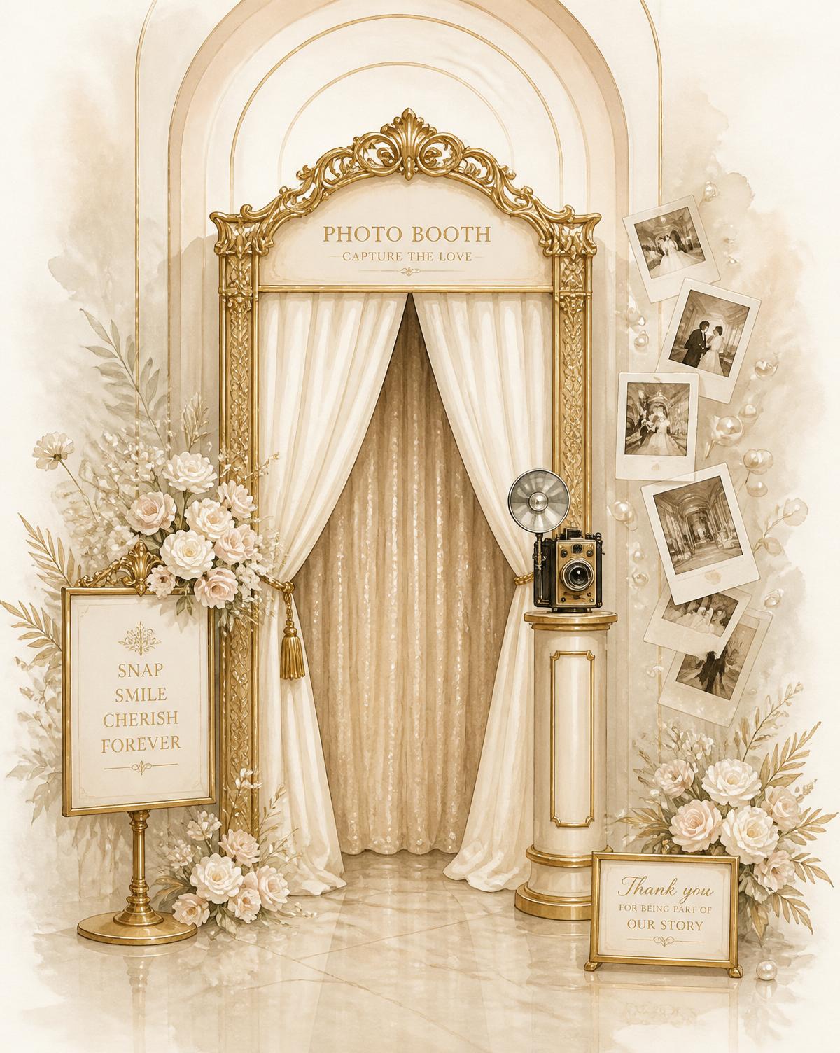 Luxuös vintage photo booth med guldram, ivory-draperier och polaroidbilder